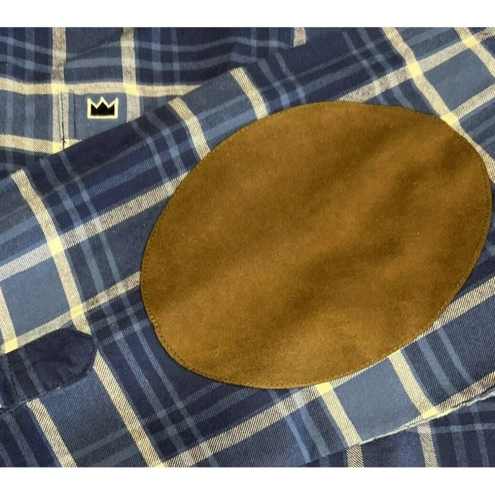 Crown & Ivy Long Sleeve Button Flannel Shirt‎ Mens Blue Plaid Elbow Patch M